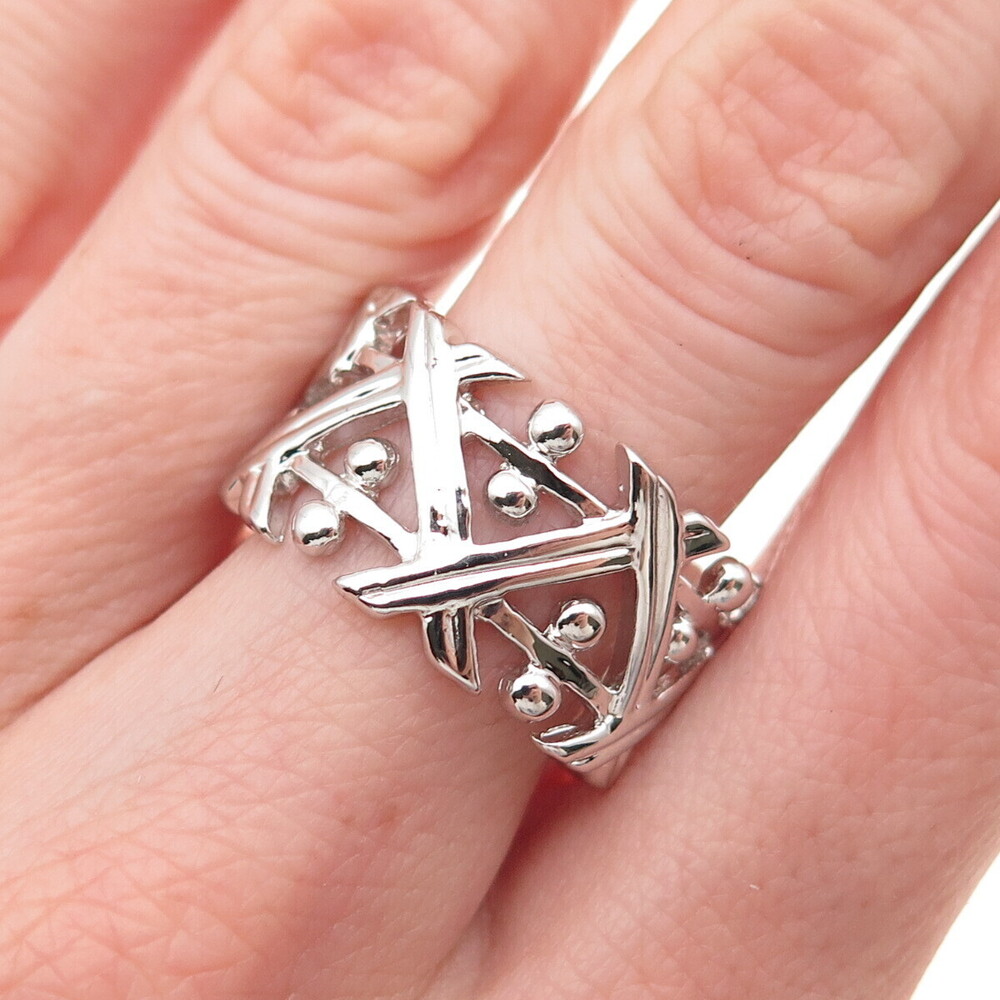 925 Sterling Silver Zig Zag Beaded Wide Band Ring Size 9.25